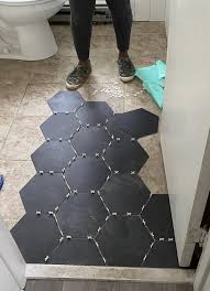 Peel and stick floor tile in the kitchen: Bathroom Update Luxury Vinyl Peel And Stick Groutable Tile Over Ceramic Tile Made By Carli