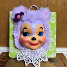 Handmade Vintage Inspired Kitsch Lavender Fuzzy Bear Assemblage Wall Decor 