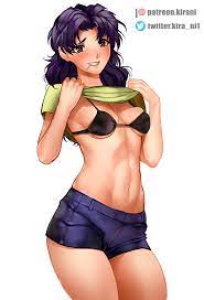 1girls blush bra breast squish clothing female female only kirani  looking at viewer medium breasts misato katsuragi neon genesis evangelion  pov shirt shirt lift shorts solo 