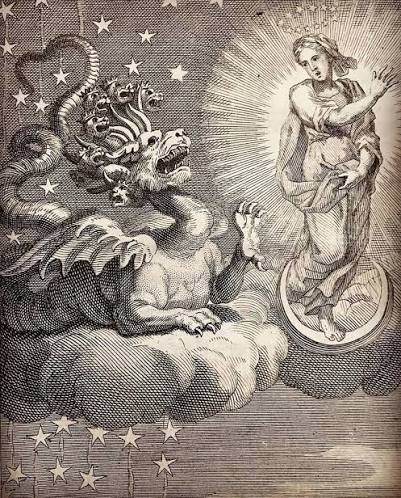 An illustration of a scene described in Revelation 12 of the Bible, known  as “The Woman and the Dragon” or the “Woman of the Apocalypse”. The print  is attributed to the Dutch