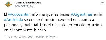 Un sismo de 4,4 grados se registró la tarde de este miércoles en la zona central. El Mensaje De La Argentina Tras El Sismo En La Antartida Se Ha Puesto En Estado De Alerta A La Armada Y A La Fuerza Aerea Infobae