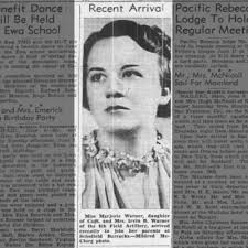 Marjorie Warner, dau of Irvin B Warner, 1936