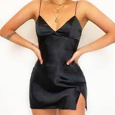 Women spaghetti strap colorful stripes tie waist mini dress. Satin V Neck Spaghetti Strap Mini Dress Zovoli