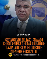 Recientemente el ingeniero Armando Cedeño presentó su renuncia al cargo  directivo que ocupaba desde el 2014, en la Junta Directiva del Colegio de  Ingenieros Seccional Costa Oriental del Lago. Ver más Mapa