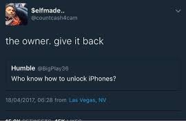 Unlock your iphone today in las vegas, clark county speedyunlocks offers only the highest rated phone unlocking service in las vegas, clark county at a … Elfmade Cash Cam The Owner Give It Back Humble Play36 Who Know How To Unlock Iphones 18042017 0628 From Las Vegas Nv Blackpeopletwitter Meme On Me Me