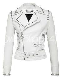New Women White Full Silver Metal Studded Brando Style Rock Star Leather Jacket Leather Jacket Leather Jacket Outfits Leather Jackets Women