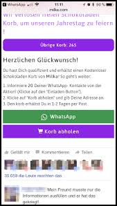 Kettenbriefe sind textmitteilungen oder sprachnachrichten, die dubiose und falsche inhalte verbreiten und dazu auffordern, die nachricht an die eigenen kontakte weiterzuleiten oder einem link zu folgen. 1 Korb Mit Milka Schokolade Umsonst Bekommen Whatsapp Kettenbrief