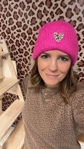 Bonnet ROSE chiné coeur brodé léopard