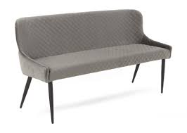 Walnut regency style bench or window seat with distressed finish, a simple curved panelled back rail and reverse scrolling arms above an upholstered seat. Grey Velvet Dining Bench With Back Ottowa Ez Living Furniture