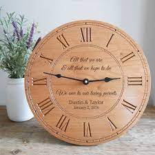 Shop Our Personalized Cherry Wood Clock For Parents Of The Bride And Groom Have It Engraved With Your Own Message And Wording Wood Clocks Clock Engraved Clock