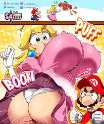 sasa tseng, mario, princess peach, mario (series), nintendo, super mario  bros. wonder, absurdres, highres, 1boy, 1girl, artist name, ass, ass  expansion, blonde hair, blue eyes, breast expansion, breasts, closed mouth,  comic, dress,