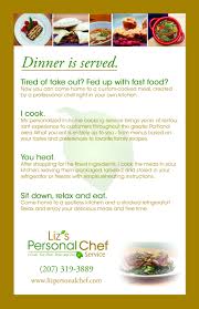 Try our chef's favorite dishes and experience different flavors every day of the week. Brochure Post Card For Liz S Personal Chef Service Artwork By Graycatmarketing Com Personal Chef Business Personal Chef Service Party Food Catering