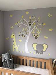 Jungle Decal Elephant Nursery Wall Stickers Yellow And Grey Decor Giraffe Monkeys Tree Mural Gender Neutral Safari Stencil Wallpaper In 2021 Grey Nursery Decor Baby Room Wall Nursery Room Furniture