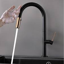 Black And Gold Kitchen Faucet Simple Touch Standard Pull Down Kitchen Faucet With Dual Function Single Handle Black Gold Solid Brass In 2020 Faucet Black Faucet Kitchen Faucet