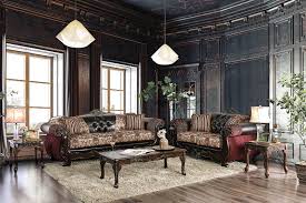 Burgundy sofas & couches : Sm6415 2 Pc Quirino Burgundy Dark Brown Sofa And Love Seat Set With Carved Wood Accents