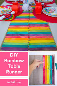 Add A Pop Of Color To Your Party Table With This Diy Rainbow Table Runner With A Few Easy Supplies Y Rainbow Table Trolls Birthday Party Diy Party Decorations