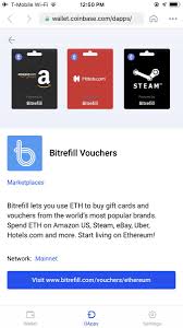 Coinbase has debuted a new feature allowing users to purchase gift cards with cryptocurrency from major u.s. Bitrefill On Twitter Bitrefill Is Now Featured In The Coinbase Wallet Dapp Store Full Web3 Integration Ethereum Users Now Have A Great Ux When Buying Gift Cards And Phone Refills Eth Ethereum