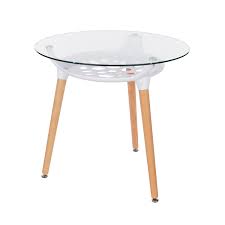 Round Clear Glass Table Wooden Legs