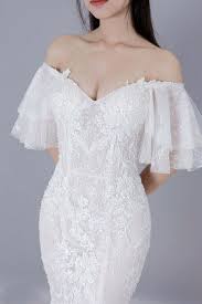 Mermaid Wedding Dress Off The Shoulder Flutter Sleeves Lace In 2021 Online Wedding Dress Wedding Dresses Dresses