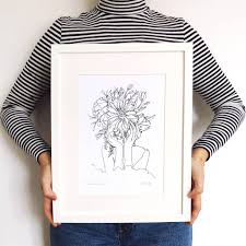 Flowers growing from head by emma rubinson redbubble. Head Of Flowers Line Drawing Print By Gem Pang Illustration Notonthehighstreet Com