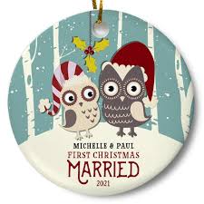 Ornament measures 2 1/2 long x 2 1/2 wide x 3 3/4 high. First Christmas Married Owls Ornament Loftipop