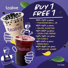 Visit this page for more info. Tealive Buy One Free One At Over 30 Selected Outlets From 15 23 January 2020