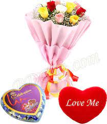00005 Mix Roses With Chocolate And Heart Shape Pillow Anniversary Gifts Heart Shapes Valentines Cards