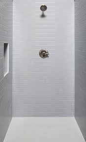What width grout line did you end up using, and were they installed using spacers? Villa Artisan Frost Porcelain Pencil Floor Decor Floor Decor Bathroom Remodel Designs Shower Tile