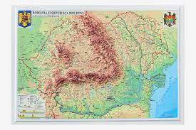 Chișinãu, republica moldova / catalog record only relief shown by contours; Romania È™i Republica Moldova Harta FizicÄƒ È™i Administrativa ProiecÈ›ie 3d 450x330mm