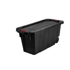 Black And Yellow Totes Home Depot Husky 45 Gal Latch And Stack Tote With Wheels In Black 206133 The Home Depot Storage Bins With Wheels Storage Bins Rolling Storage Bins