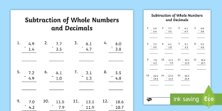 subtraction of whole numbers and decimals worksheet