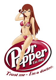 drawfag, makise kurisu, dr pepper, steins;gate, highres, revision, 1girl,  bikini, blue eyes, breasts, brown hair, dripping, groin, long hair,  pouring, product placement, side