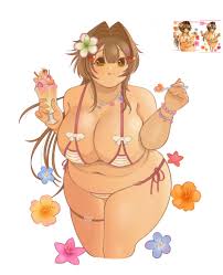Rule 34 Dev - 1girl belly bikini borrowed_character bow bow_bikini bracelet  breasts brown_eyes brown_hair charm_(object) cleavage eating fat fat_woman  flower flower_on_head food hair_intakes hair_ornament heart  heart_hair_ornament highres holding ...