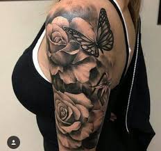 Pin By Ginamarie Lanzatella On Tattoos Rose And Butterfly Tattoo Tattoos Shoulder Tattoos For Women