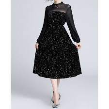 大人の星柄 シースルースリーブ ベルベット調ワンピース 韓国プチプラパーティードレス通販 tenderly dress パーティードレス ドレス ベルベットドレス