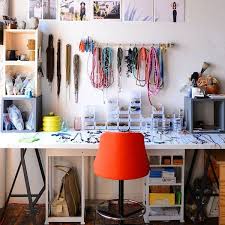 A long table built into the wall for plenty of work space with shelving above it for craft storage. 16 Inspiring Ideas For Organizing Your Craft Room Brit Co