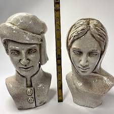 Pair Italian Faence Crackle Art Pottery Male & Female Busts Paul's Pottery  Italy