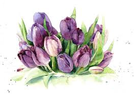 Includes flowers in beautiful shades of purple, including hydrangea, lavender, peonies and roses. Tulips Purple Watercolor Flowers Hand Draw Painting By Mary Pashkova