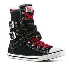 Black And Red Converse High Tops Red And Black Converse Hightops With Buckles I Need These Dx Shoes Converse Sneakers