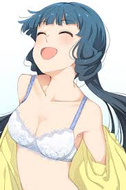 hiroki (yyqw7151), kitakami reika, idolmaster, idolmaster million live!,  bad id, bad twitter id, highres, 1girl, bare shoulders, blue bra, blue  hair, blunt bangs, blush, bra, breasts, cleavage, closed eyes, collarbone,  female focus,