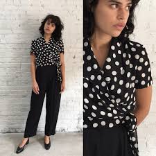 Black And White Polka Dot Top Outfit Vintage 80s Black And White Polka Dot Jumpsuit Vintage Jumpsuit Chiffon Wrap Vintage Clothes Women