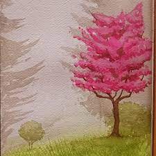 تعليم الرسم بالالوان المائية كيف ترسم منظر طبيعي شجر وردي و عشب الوان مائيه مناظر طبيعيه رسم نبات colorful drawings boho art drawings drawings