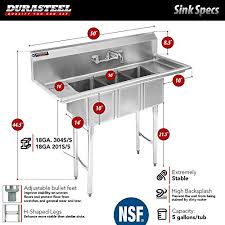 #5 best commercial kitchen sink with large basin: Stainless Steel Kitchen Sink With Faucet Durasteel 3 Compartment Commercial Sink W Double Drainboards Triple 10