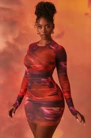 Made to order, all colors/sizes, greate quality. Constellations Long Sleeve Bodycon Ruched Mesh Mini Dress In Orange Oh Polly