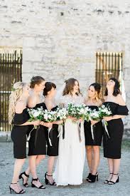Bridesmaids In Black Off The Shoulder Dresses Blooms And Flora Loose Green And White Bouquets Bridesmaid Dresses Modern Bridal Fine Art Wedding Photographer