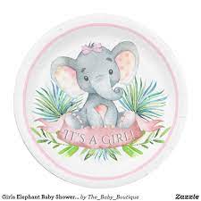 Girls Elephant Baby Shower Paper Plates Zazzle Com Baby Shower Stickers Baby Shower Paper Elephant Baby Shower Cake