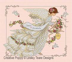 Because a portion of the design is stitched over two threads, the finished design size is determined by the actual fabric count, divided by 2. Lesley Teare Designs Wedding Angel Cross Stitch Pattern