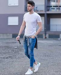 White T Shirt And Jeans Style Jeans Outfit Men Ripped Jeans Men Trendy Ripped Jeans