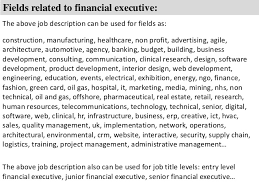 'this commercial position is a key role in finance but also the surrounding business. Financial Executive Job Description
