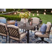 Hampton Bay Laurel Oaks 7 Piece Brown Steel Outdoor Patio Dining Set With Standard Putty Tan Cushions 525 0200 000 The Home Depot Patio Dining Furniture Outdoor Dining Outdoor Dining Furniture